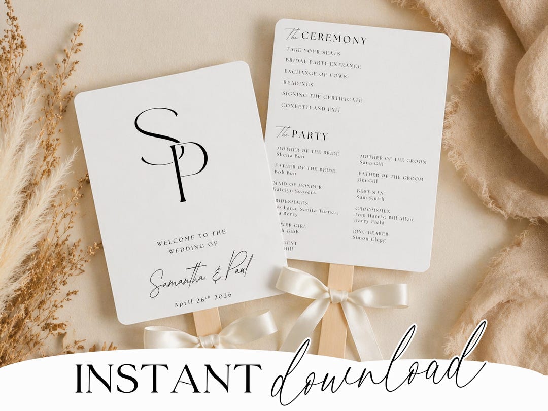 Two monogram wedding program fans with wooden handles