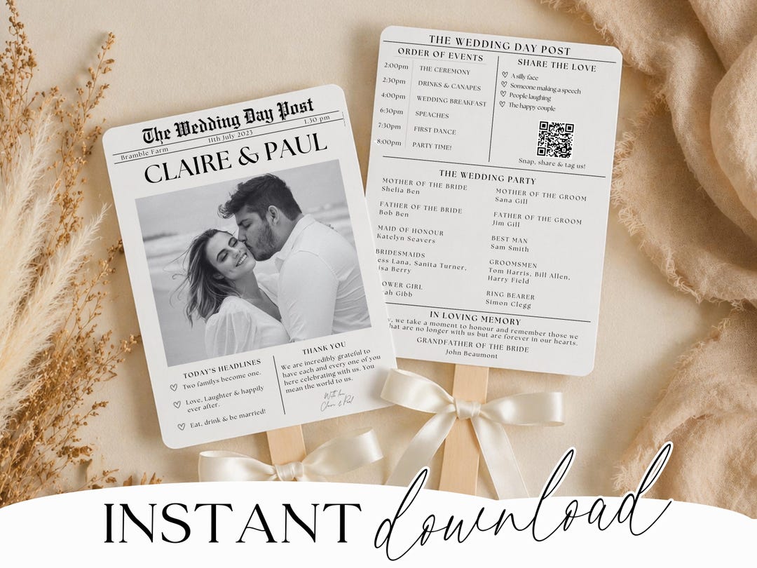 Newspaper style wedding program fan template mockup