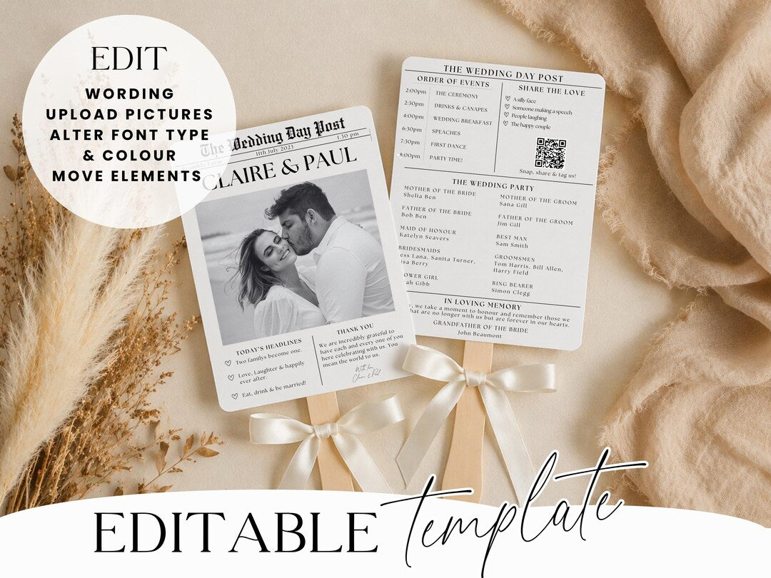Two wedding newspaper paddle fans with wooden sticks and cream ribbons