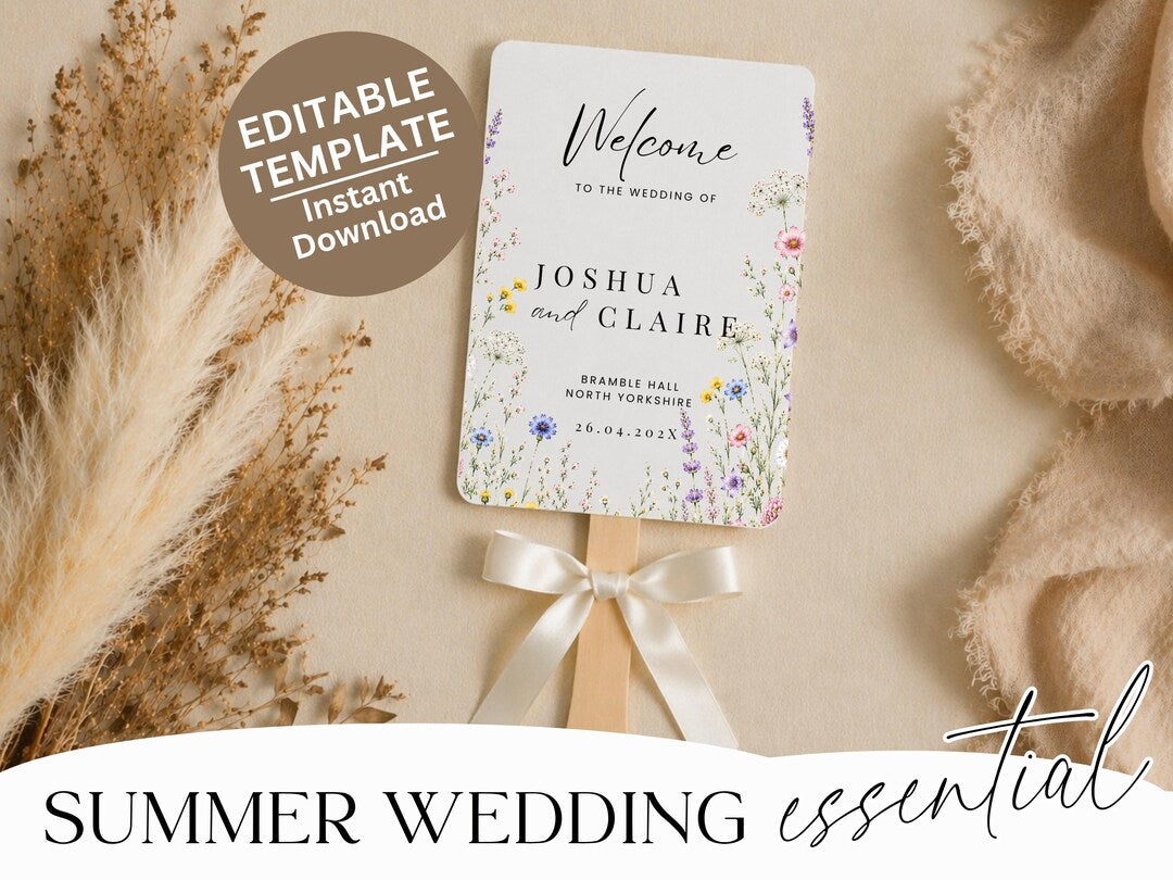 Wildflower wedding program fan template printed on cardstock with wooden handle