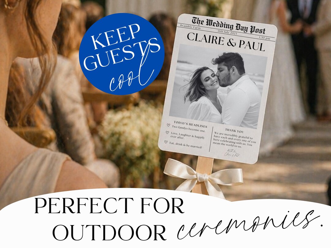 The Wedding Day Post newspaper style paddle fan program with couple photo