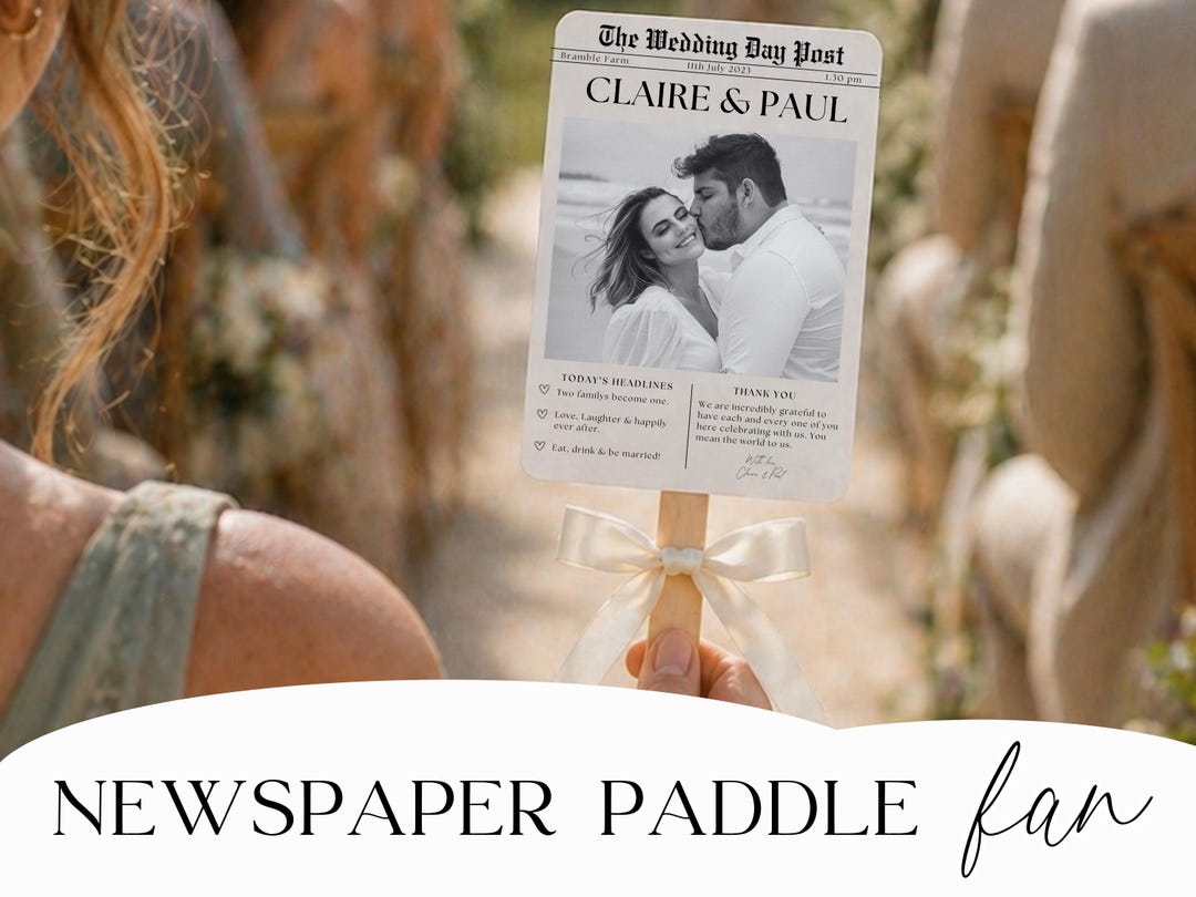 Wedding newspaper program fan design with headlines and timeline