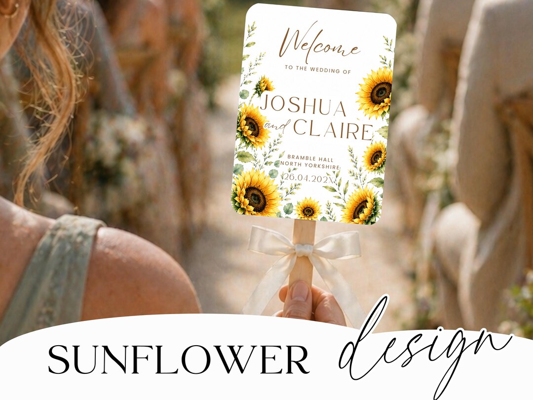 Sunflower wedding program fan template back design featuring ceremony timeline and wedding party listing