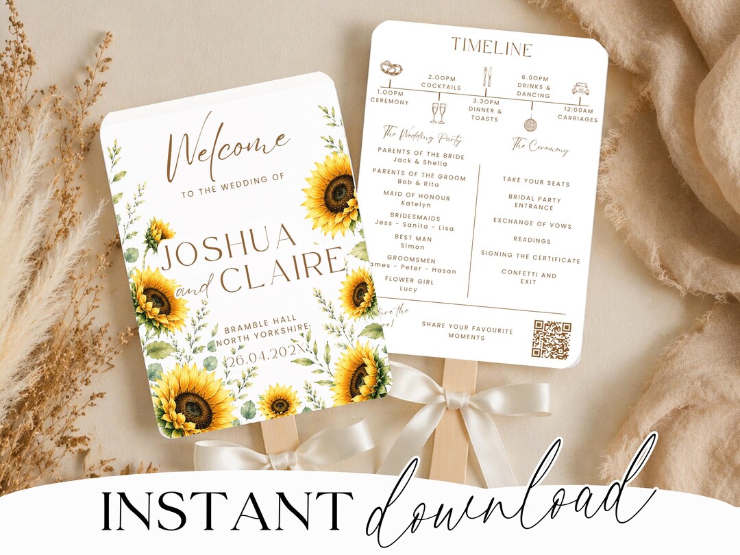 Sunflower wedding fan program folded into a paddle fan on a wooden stick