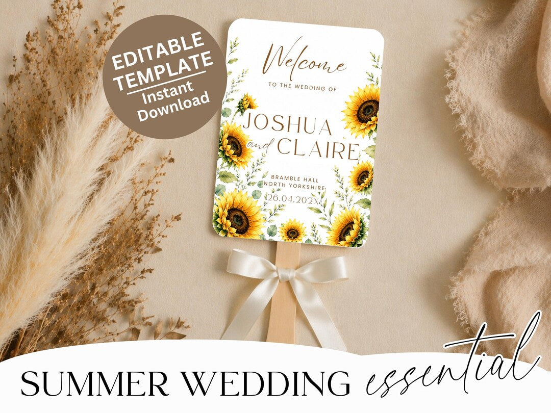 Sunflower wedding program fan template front design with hand-painted sunflowers and warm gold palette