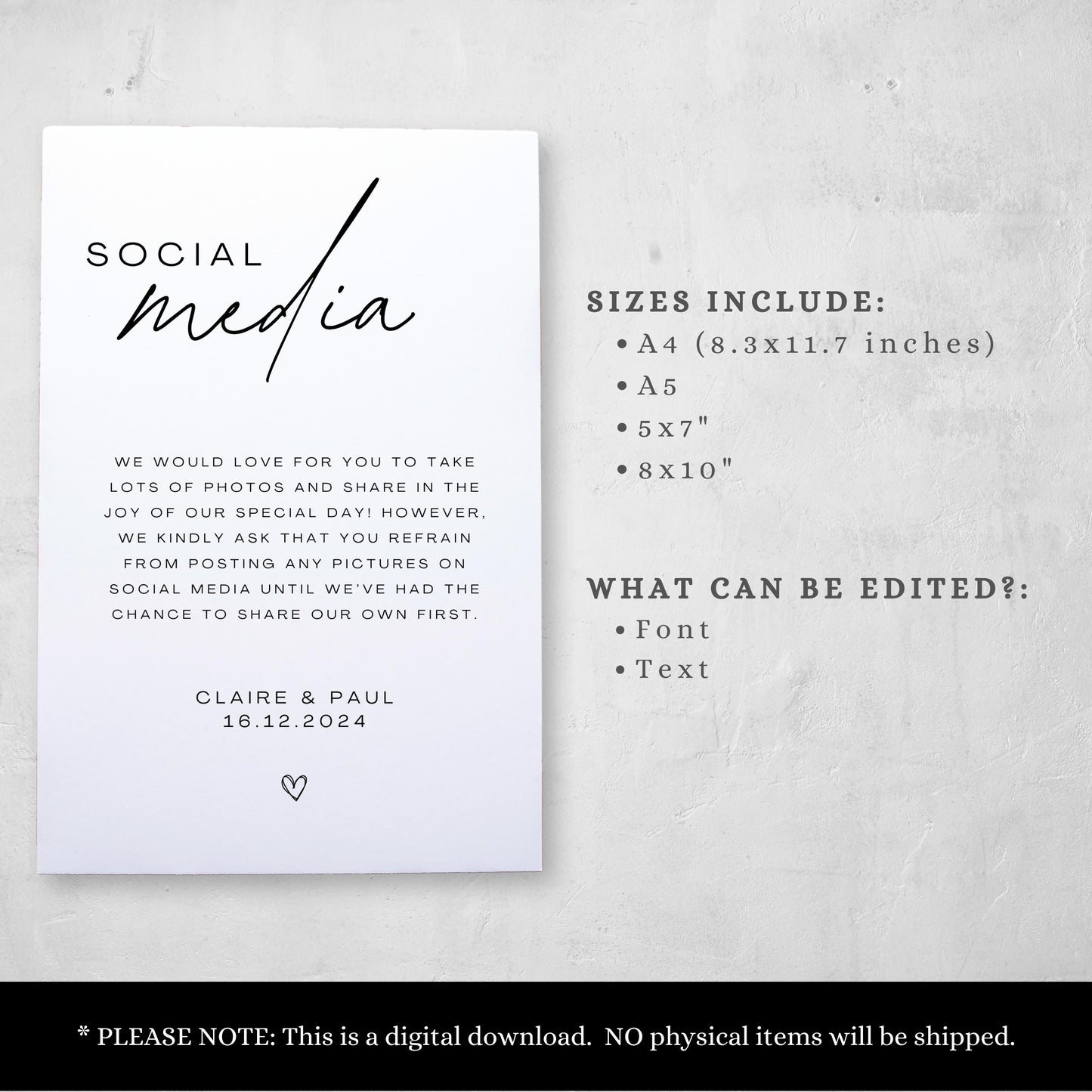 Wedding Social Media Sign Personalised Wedding Sign Editable Template For Wedding Ceremony Sign Social Media Polite Notice Sign - Seraphina