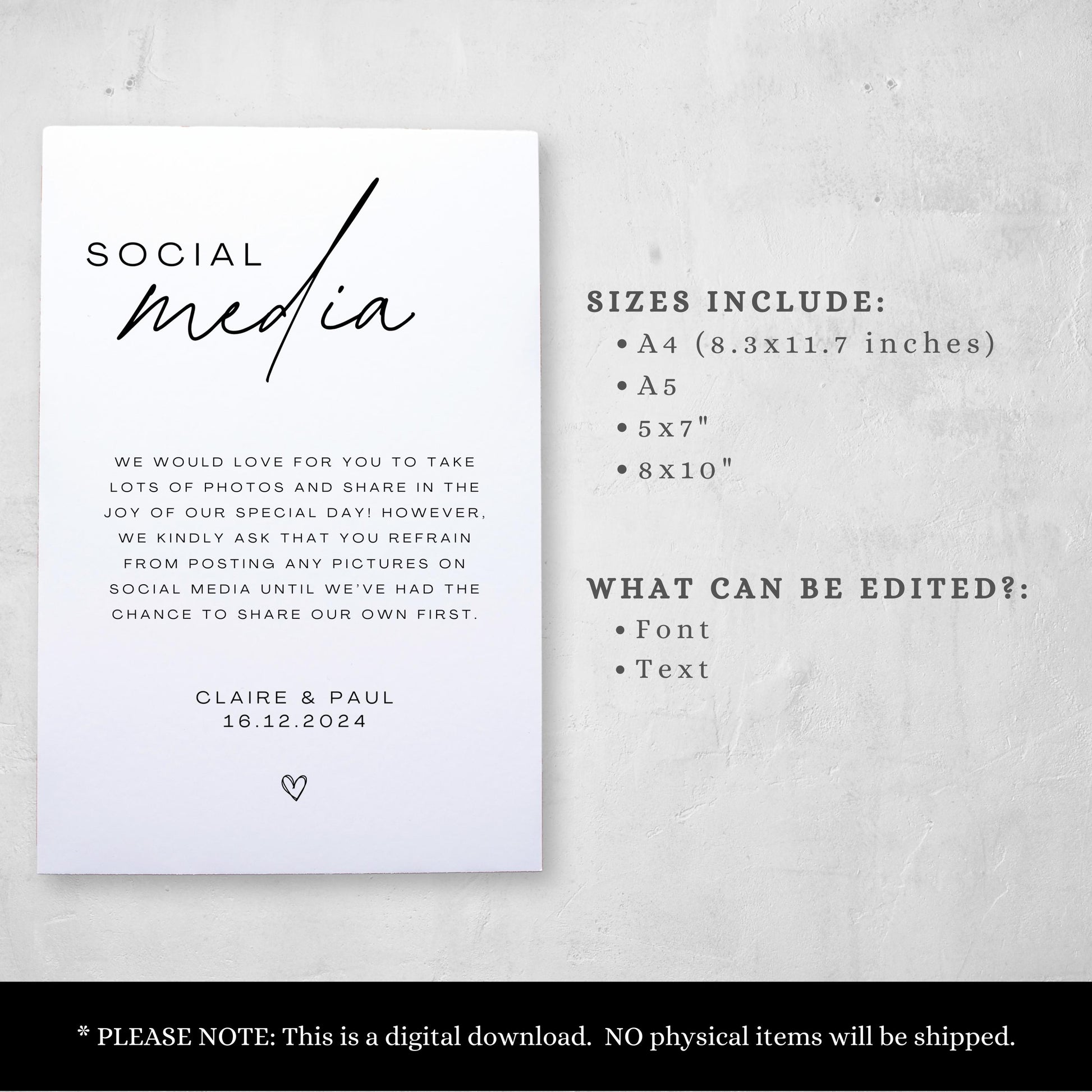Wedding Social Media Sign Personalised Wedding Sign Editable Template For Wedding Ceremony Sign Social Media Polite Notice Sign - Seraphina