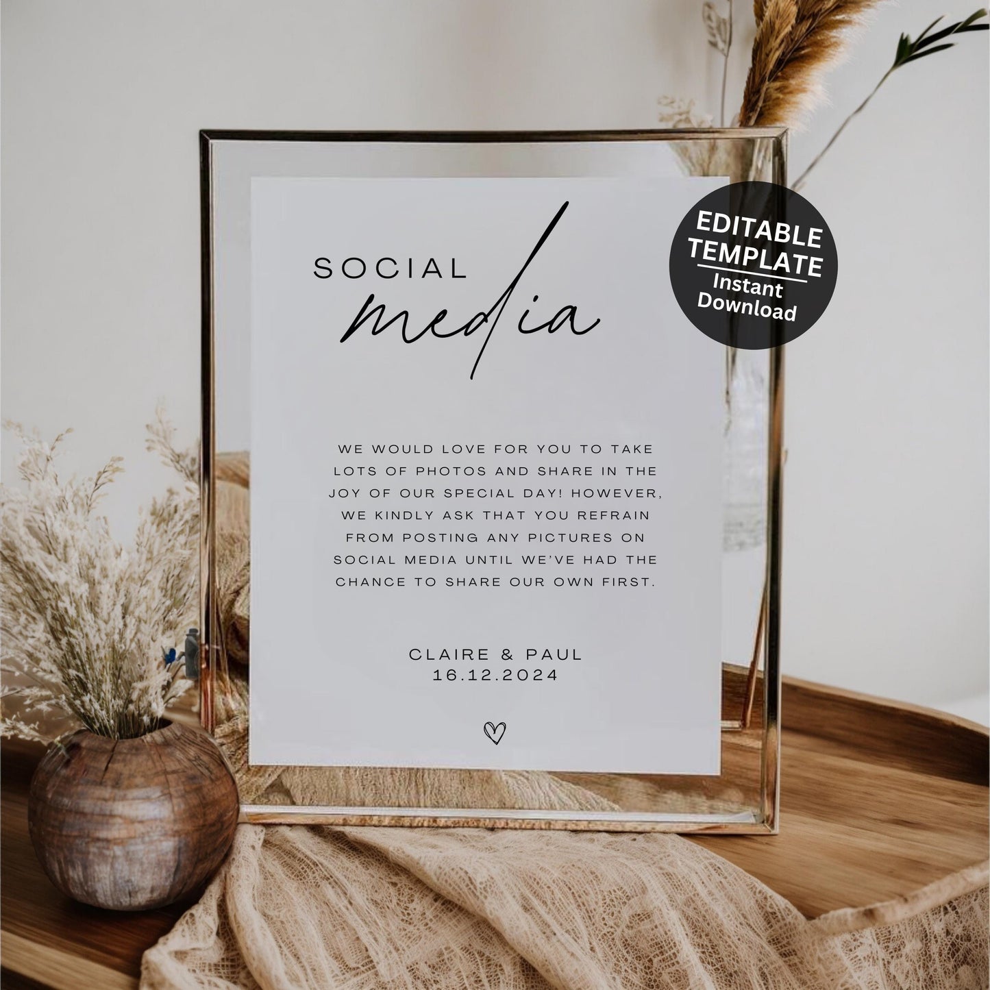 Wedding Social Media Sign Personalised Wedding Sign Editable Template For Wedding Ceremony Sign Social Media Polite Notice Sign - Seraphina