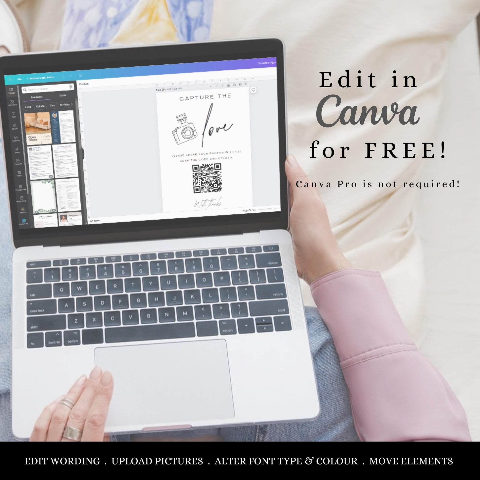 Wedding Photo Sign Capture the Love QR Code Wedding Sign Share the Love Wedding QR Code Sign For Taking Photo Sign Canva Template- Seraphina