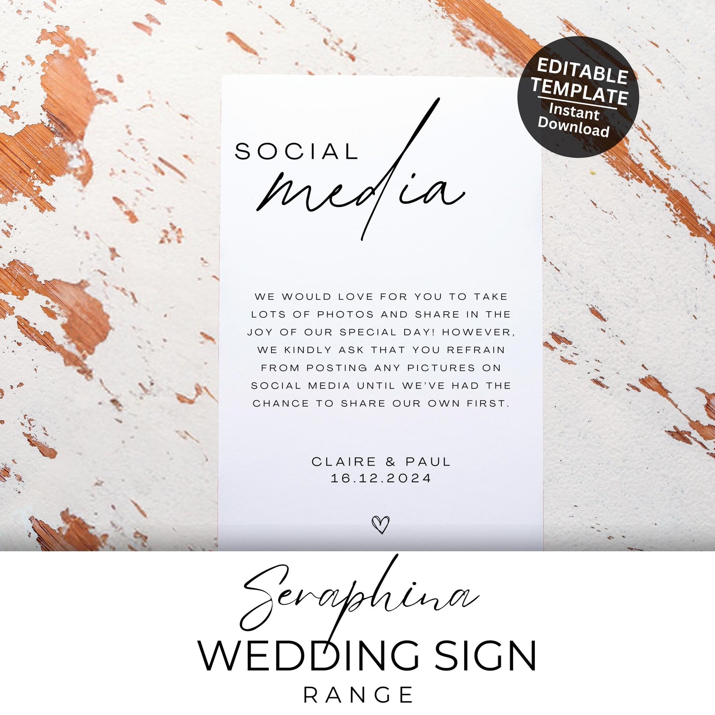 Wedding Social Media Sign Personalised Wedding Sign Editable Template For Wedding Ceremony Sign Social Media Polite Notice Sign - Seraphina