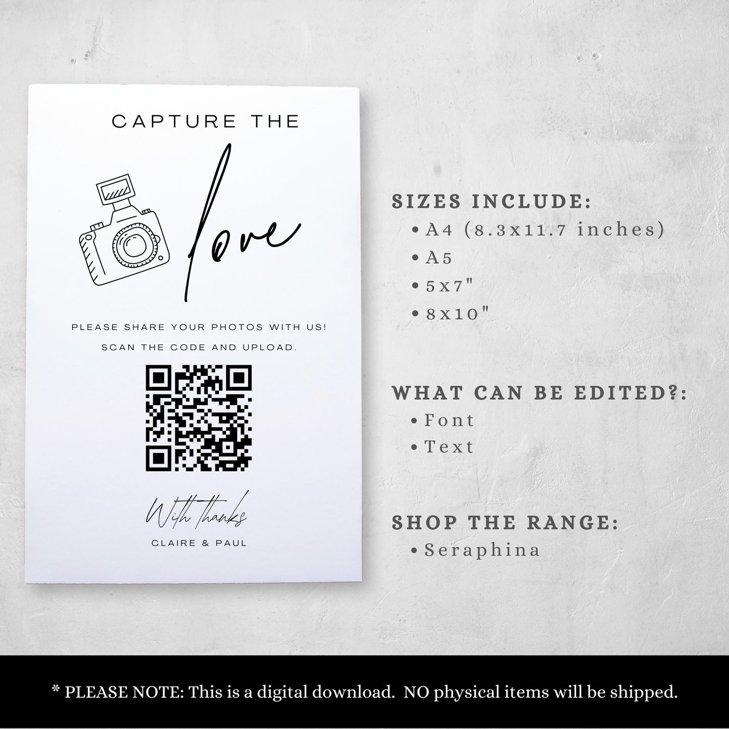 Wedding Photo Sign Capture the Love QR Code Wedding Sign Share the Love Wedding QR Code Sign For Taking Photo Sign Canva Template- Seraphina