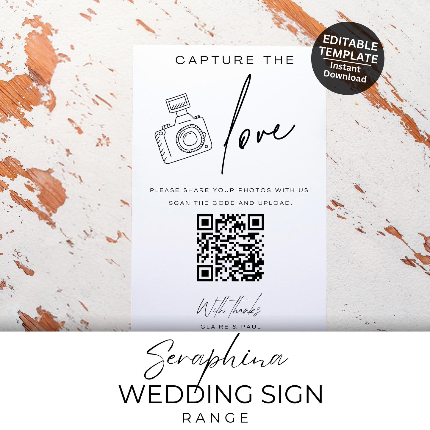 Wedding Photo Sign Capture the Love QR Code Wedding Sign Share the Love Wedding QR Code Sign For Taking Photo Sign Canva Template- Seraphina