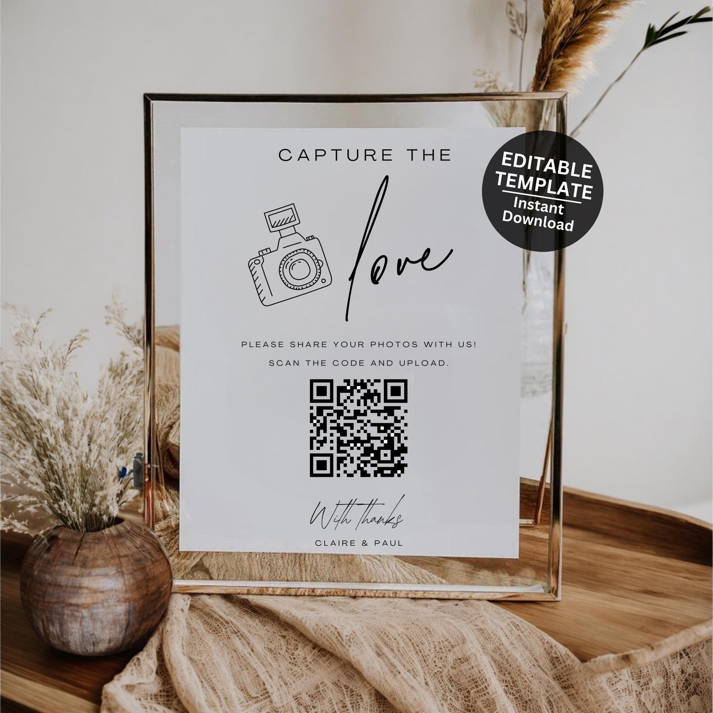 Wedding Photo Sign Capture the Love QR Code Wedding Sign Share the Love Wedding QR Code Sign For Taking Photo Sign Canva Template- Seraphina