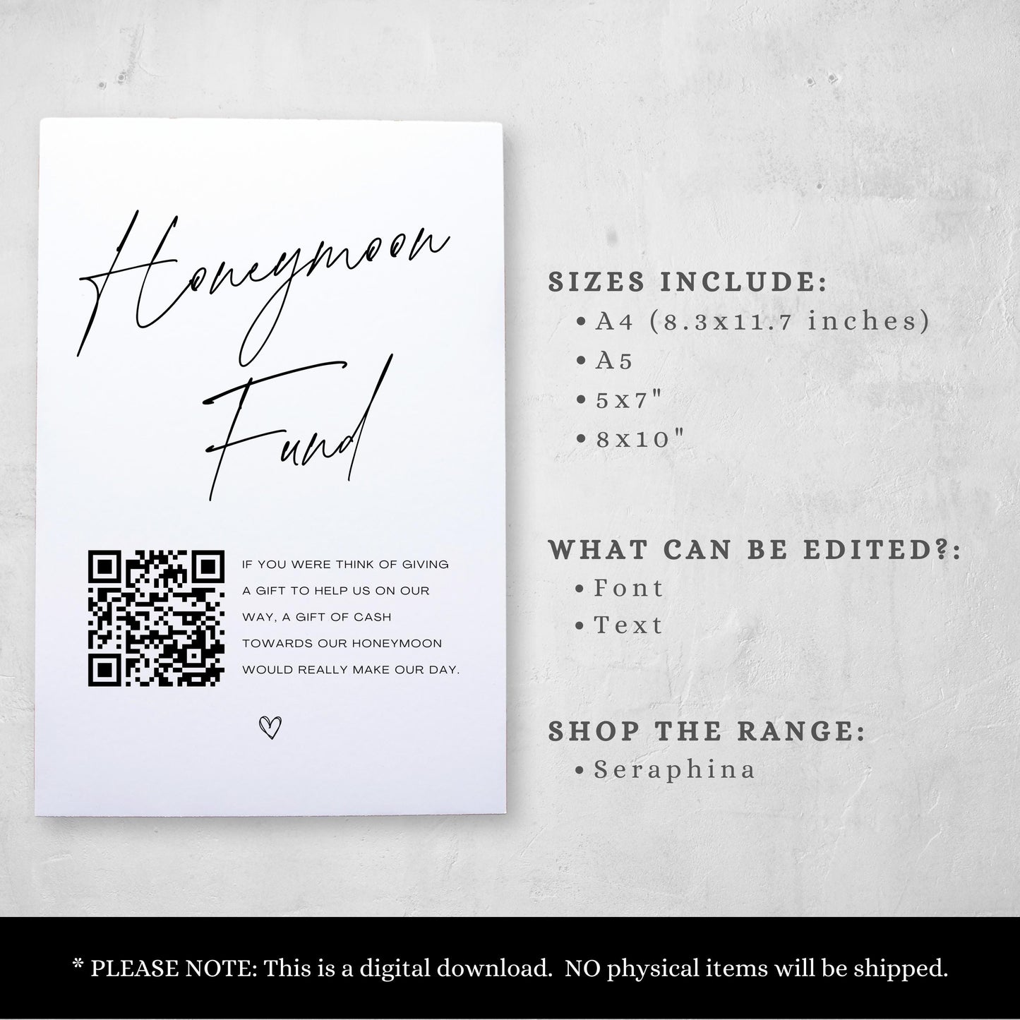 Honeymoon Fund Sign Printable Boho Wedding Gift Table Sign Editable Canva Template Digital Download, Wedding Decor Honeymoon Fund- Seraphina