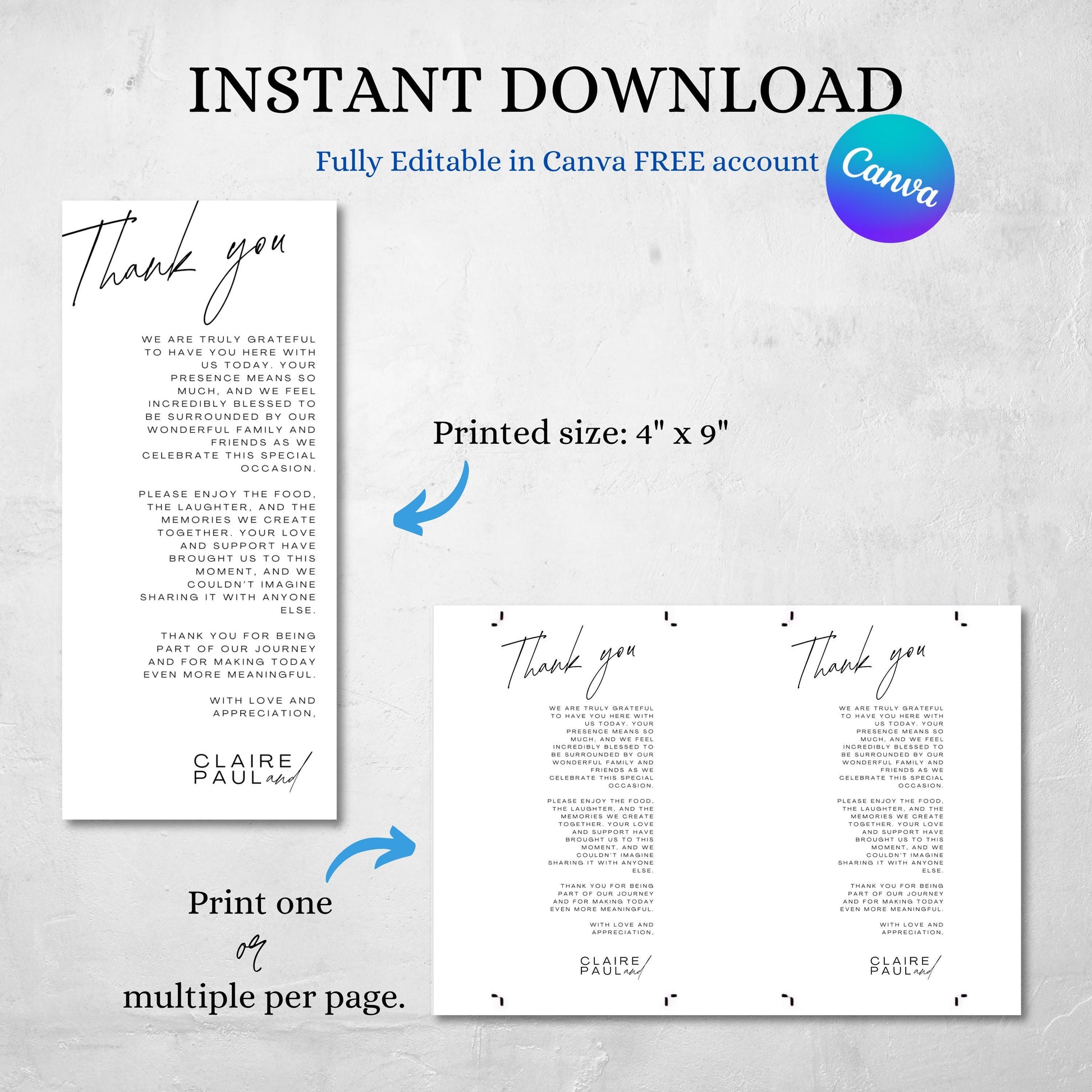 Minimalist Thank You Place Card Thank You Napkin Note Printable Thank You Place Setting Thank You Editable Wedding Table Card - Seraphina