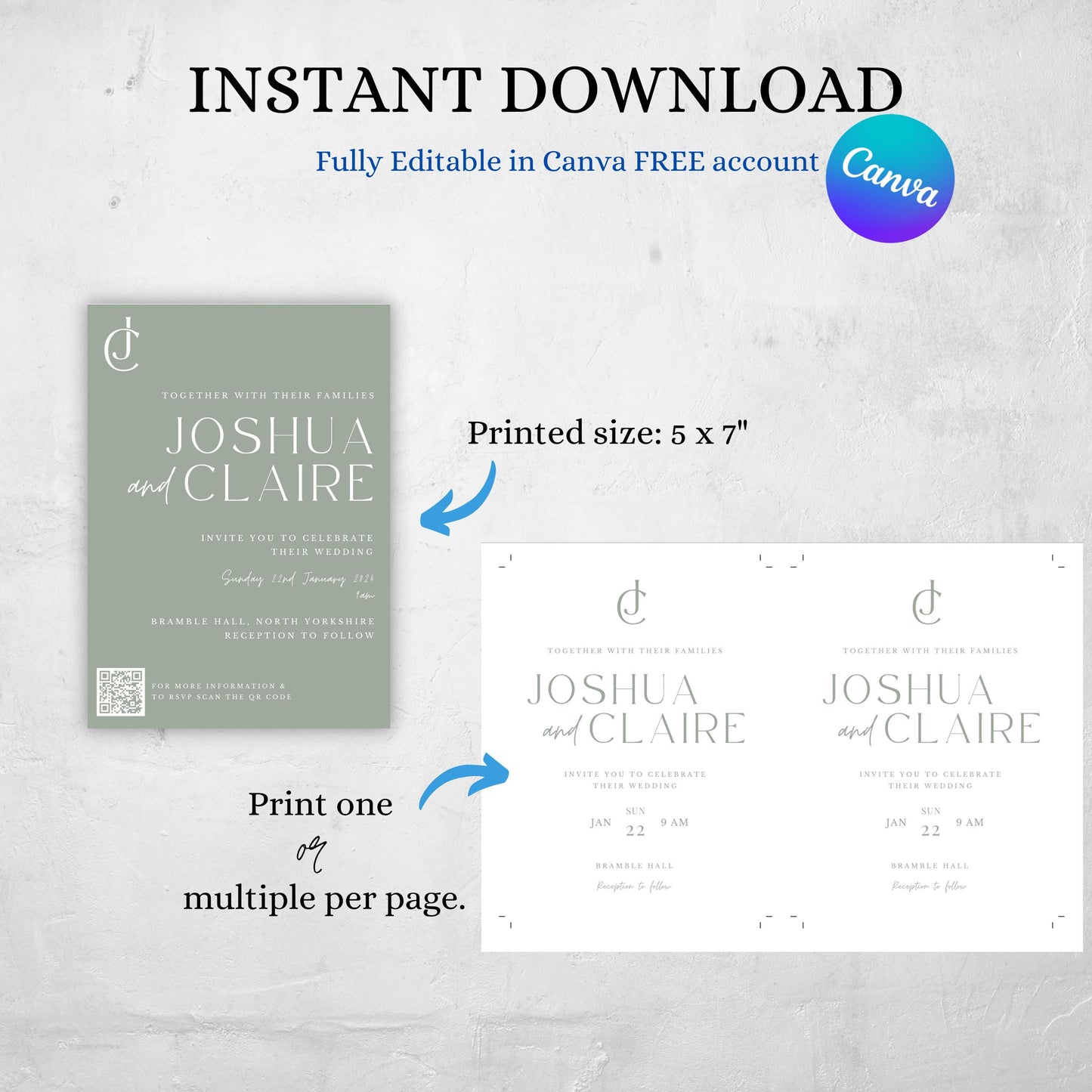 Wedding Invitation With QR Code Template Minimalist Suite Sage Green Customizable Set Printable -Jennifer