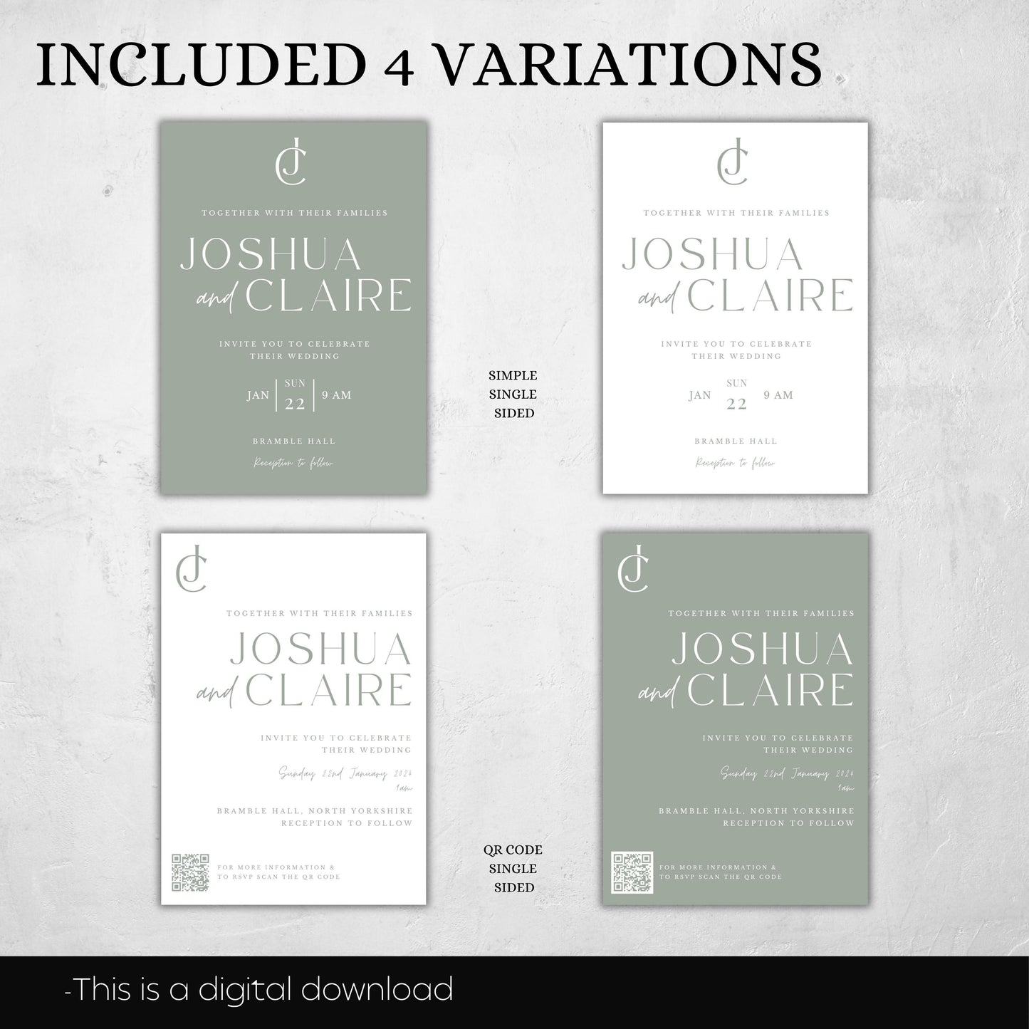 Wedding Invitation With QR Code Template Minimalist Suite Sage Green Customizable Set Printable -Jennifer