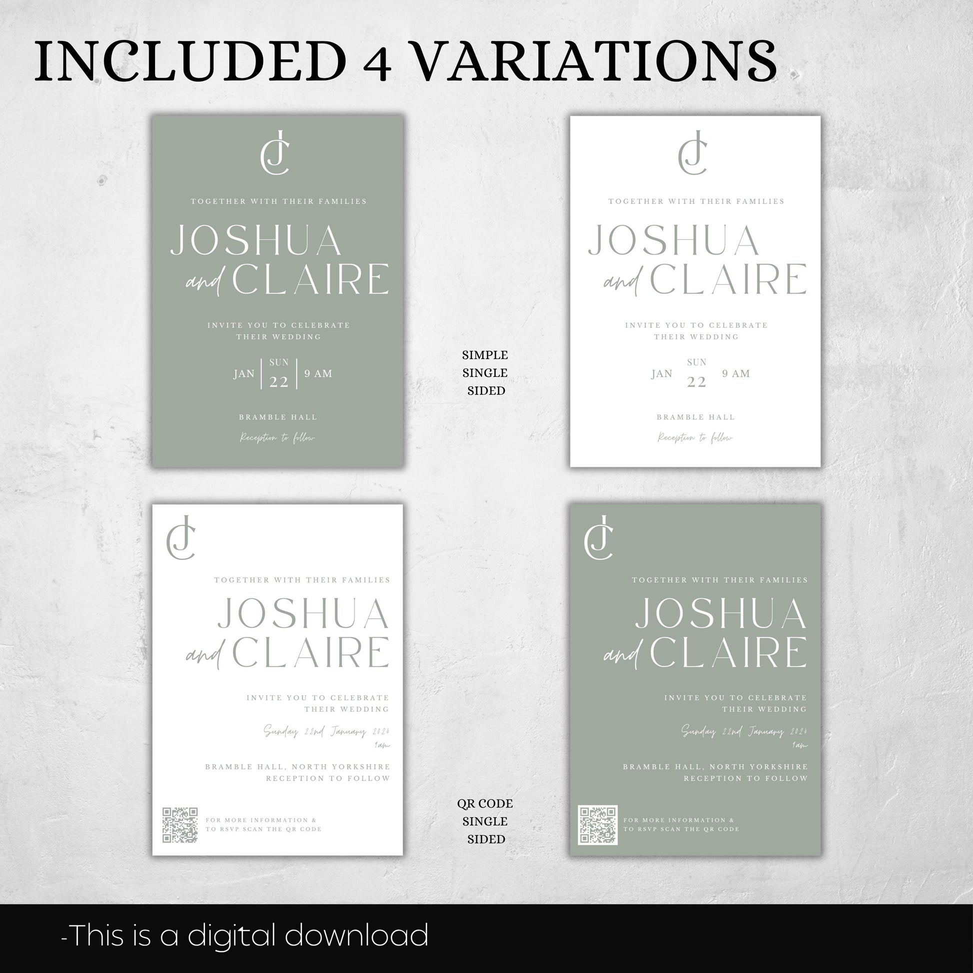 Wedding Invitation With QR Code Template Minimalist Suite Sage Green Customizable Set Printable -Jennifer