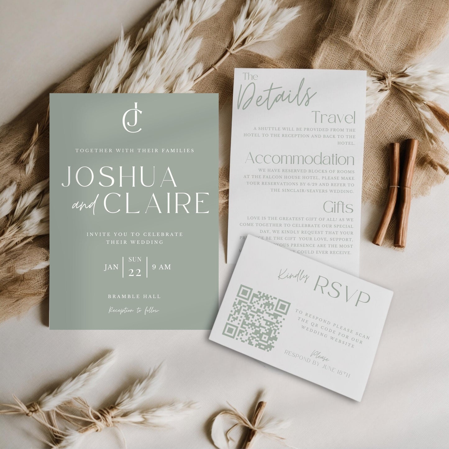 Wedding Invitation With QR Code Template Minimalist Suite Sage Green Customizable Set Printable -Jennifer