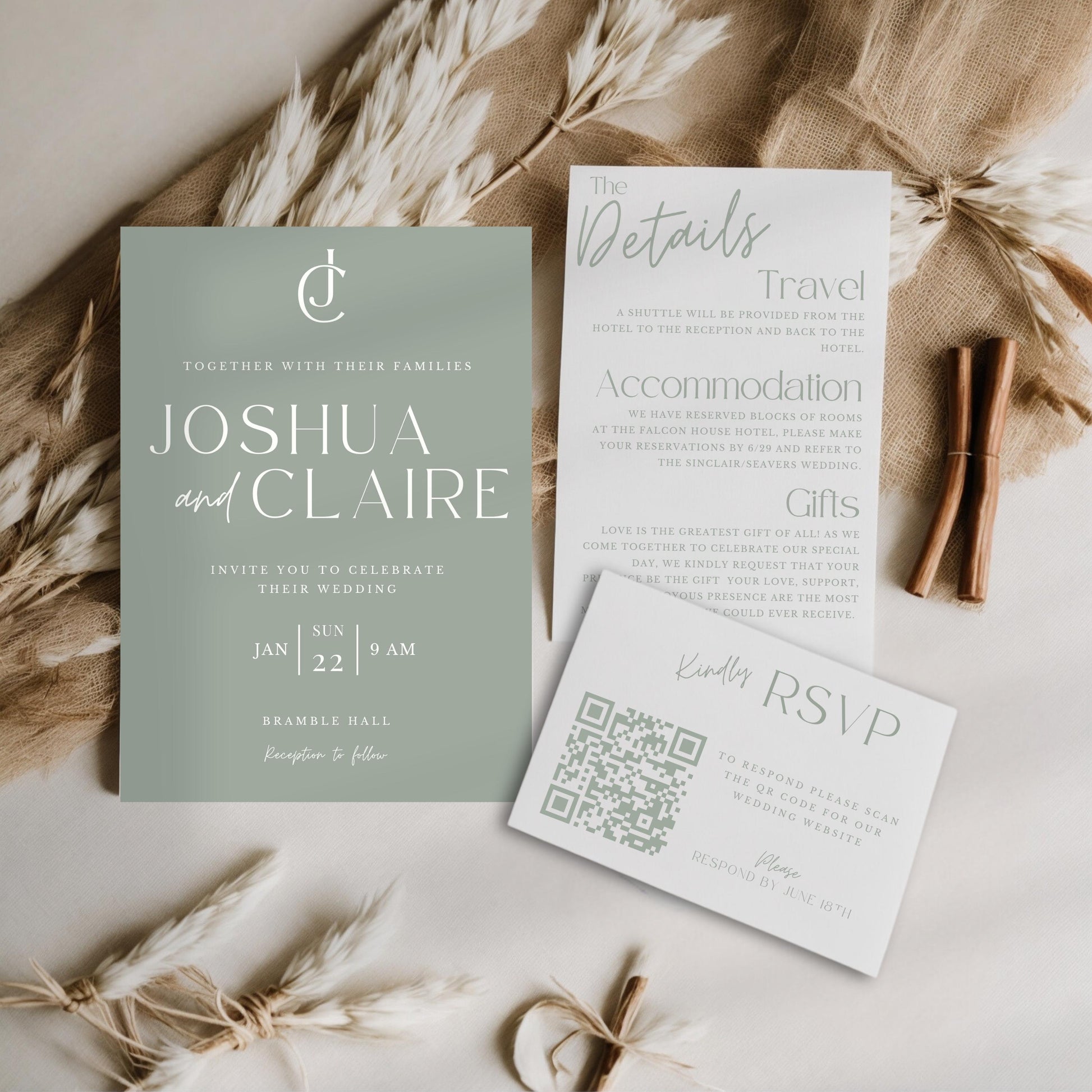 Wedding Invitation With QR Code Template Minimalist Suite Sage Green Customizable Set Printable -Jennifer