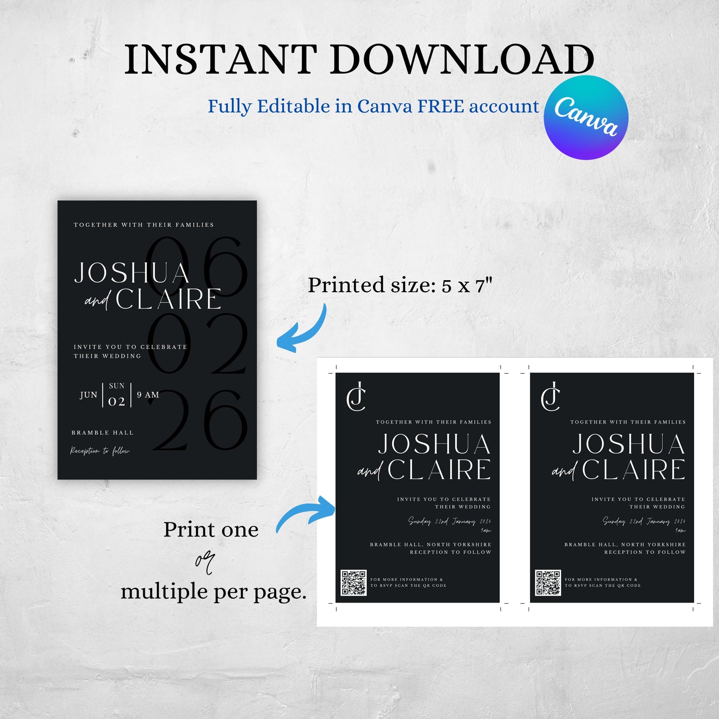 QR Code Wedding Invitation Template Minimalist Invite Suite Black & White Customizable Invite Set Printable Template Invitation - Jennifer