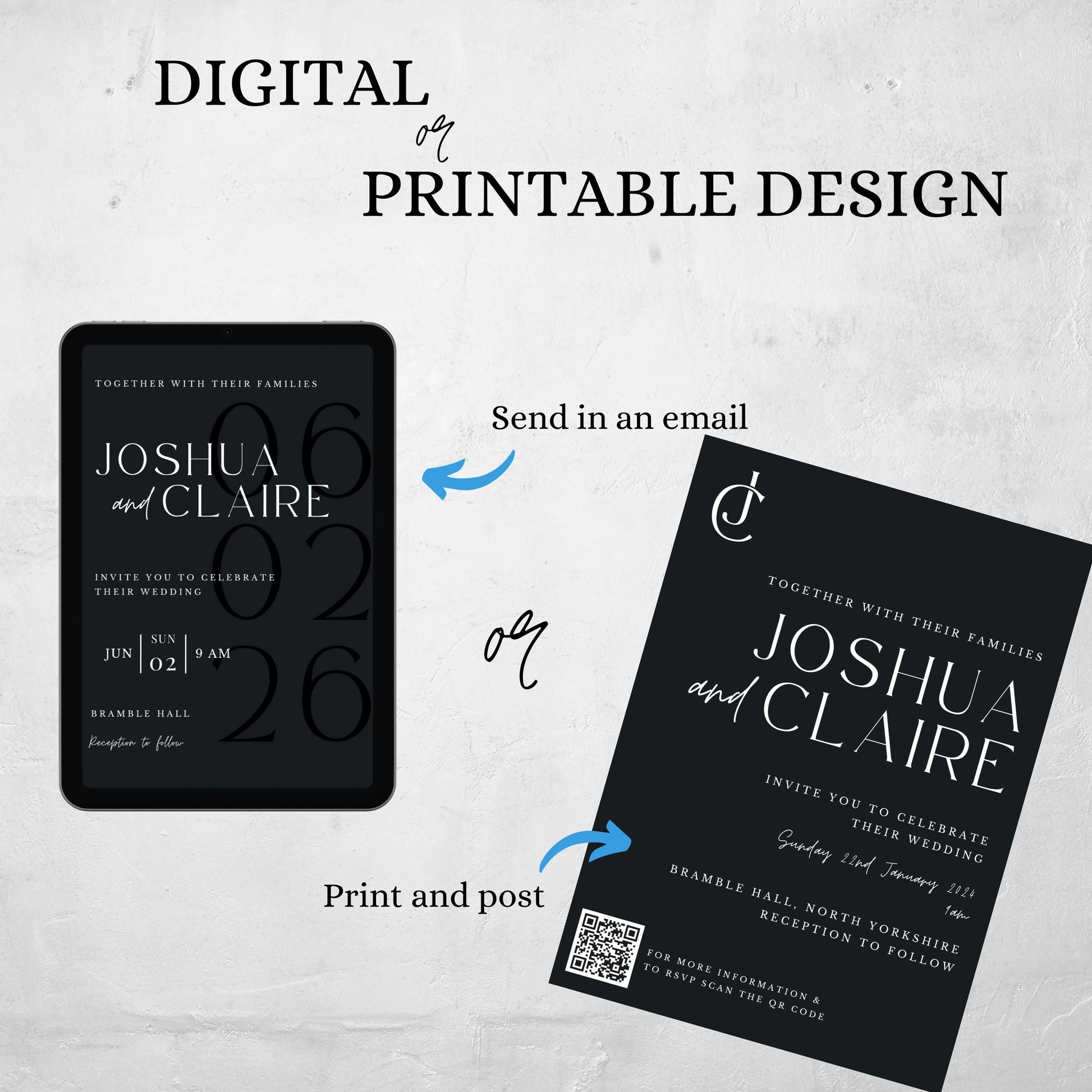 QR Code Wedding Invitation Template Minimalist Invite Suite Black & White Customizable Invite Set Printable Template Invitation - Jennifer