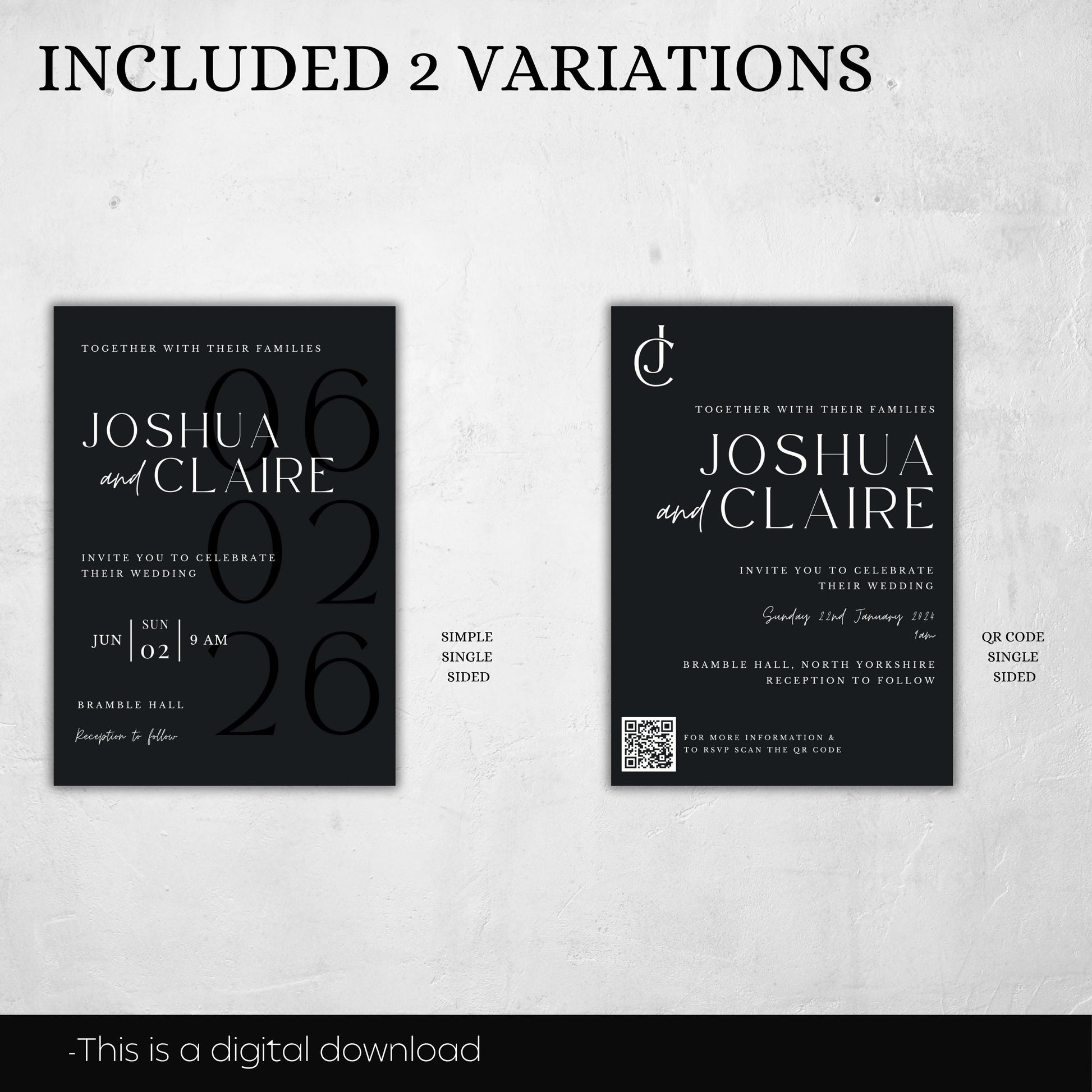 QR Code Wedding Invitation Template Minimalist Invite Suite Black & White Customizable Invite Set Printable Template Invitation - Jennifer