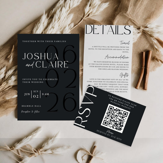 QR Code Wedding Invitation Template Minimalist Invite Suite Black & White Customizable Invite Set Printable Template Invitation - Jennifer