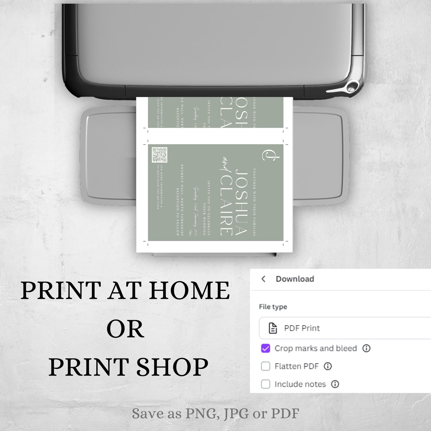 Wedding Invitation With QR Code Template Minimalist Suite Sage Green Customizable Set Printable -Jennifer