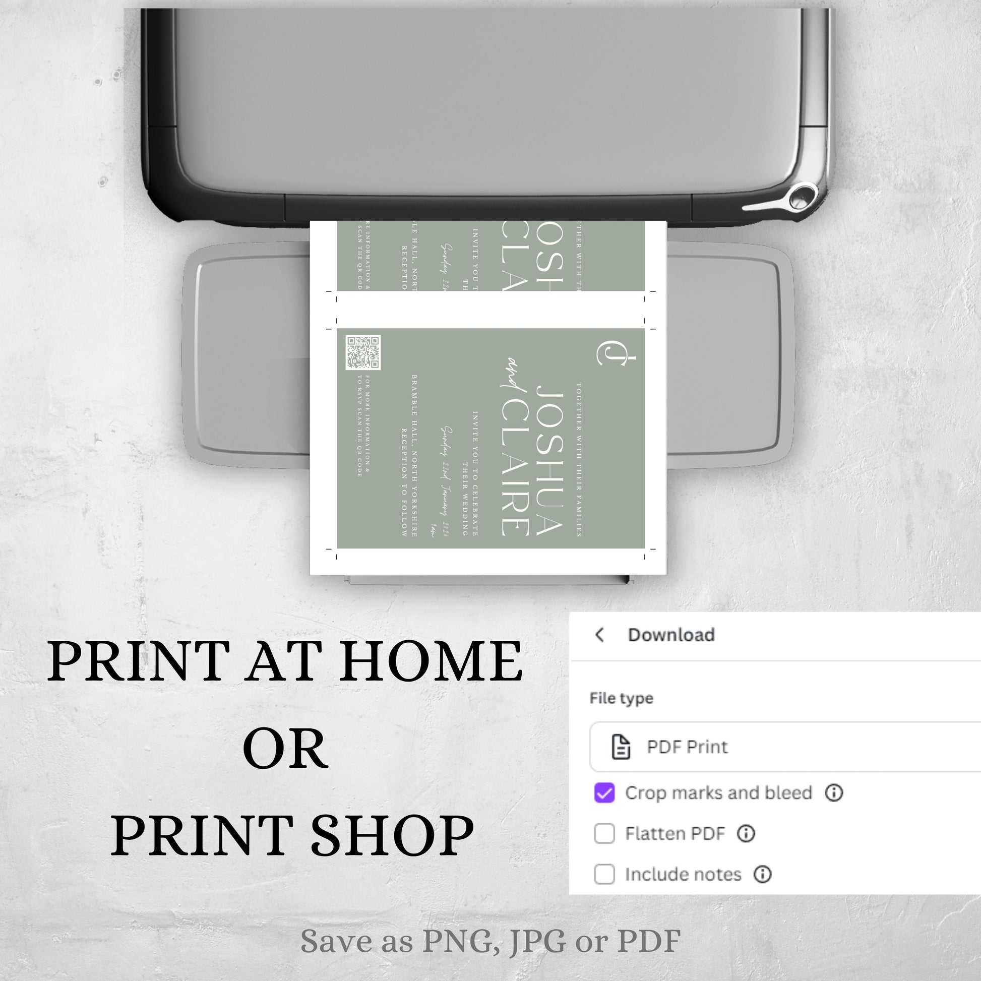 Wedding Invitation With QR Code Template Minimalist Suite Sage Green Customizable Set Printable -Jennifer