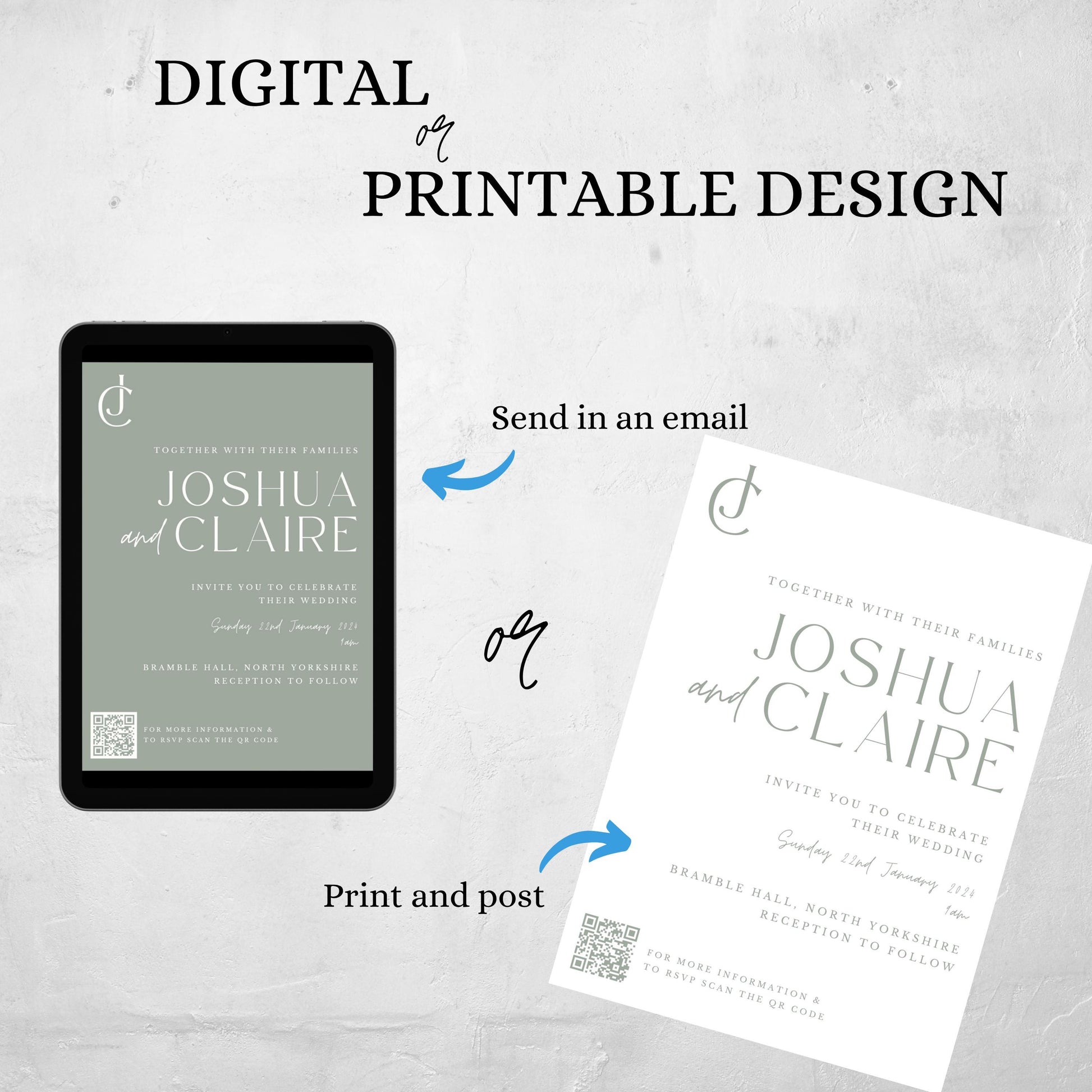 Wedding Invitation With QR Code Template Minimalist Suite Sage Green Customizable Set Printable -Jennifer