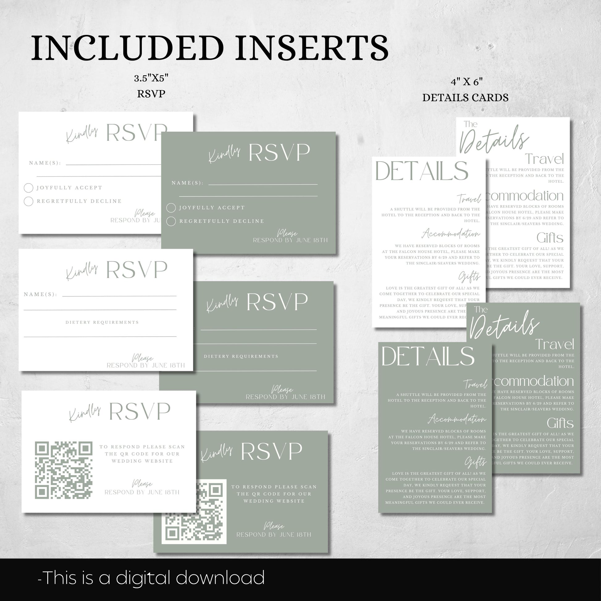 Wedding Invitation With QR Code Template Minimalist Suite Sage Green Customizable Set Printable -Jennifer