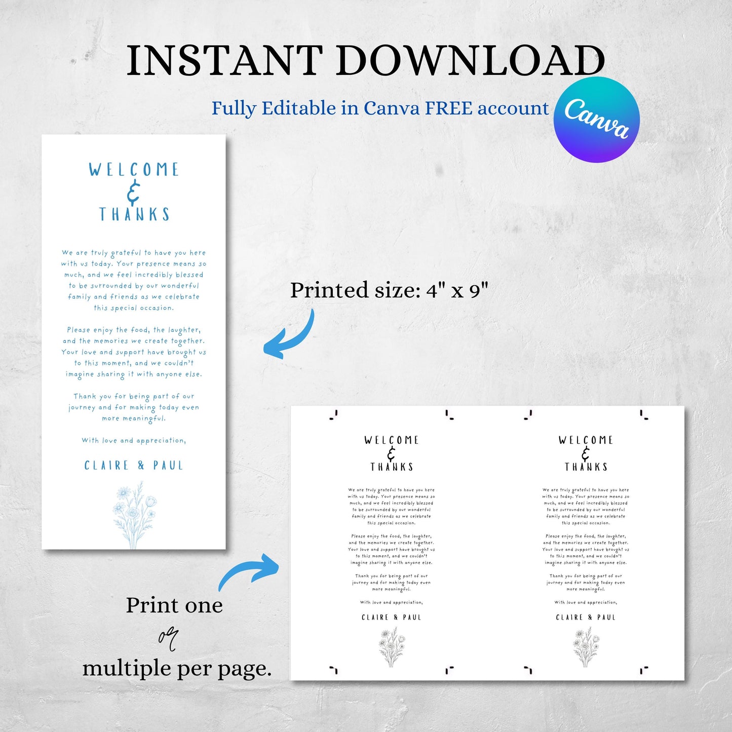 Thank You Card Template Minimalist Blue Doodle Sketch Design Printable Wedding Event Instant Download
