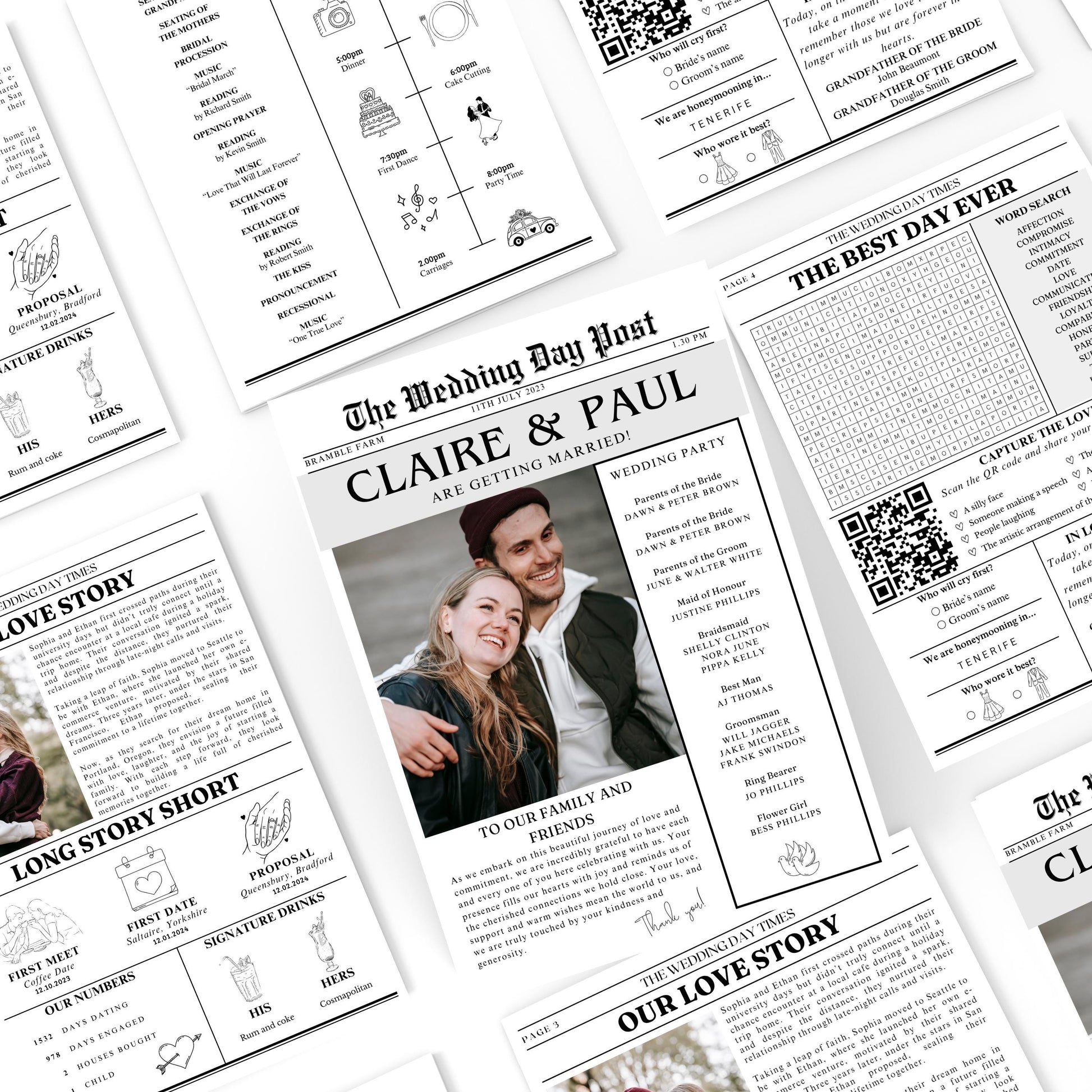 Wedding Newspaper Template Editable Wedding Program Modern Wedding Welcome Printable Newspaper Wedding Day Details DIY Keepsake for Couples