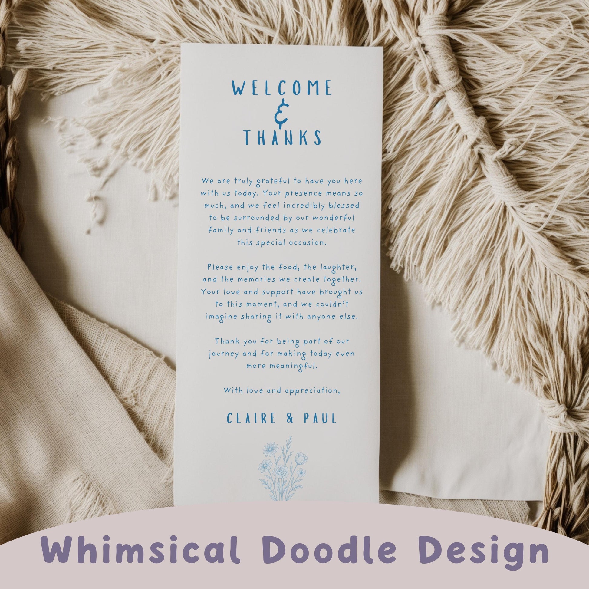 Thank You Card Template Minimalist Blue Doodle Sketch Design Printable Wedding Event Instant Download