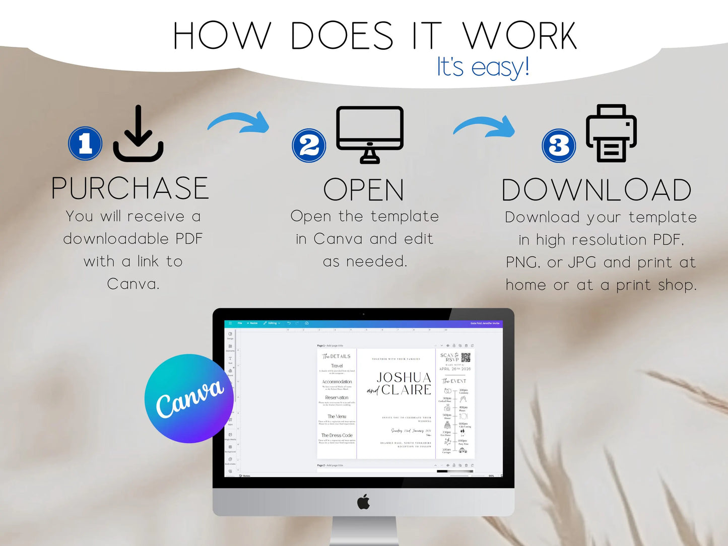 All-in-One Gatefold Wedding Invitation Template – Editable Folded Invite with RSVP (Canva)
