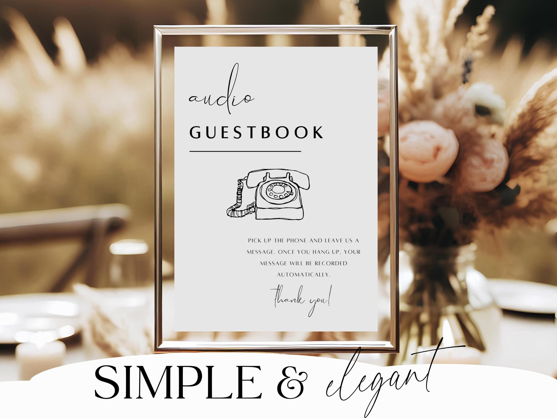 Guestbook sign with vintage phone illustration in a gold frame, blurred background