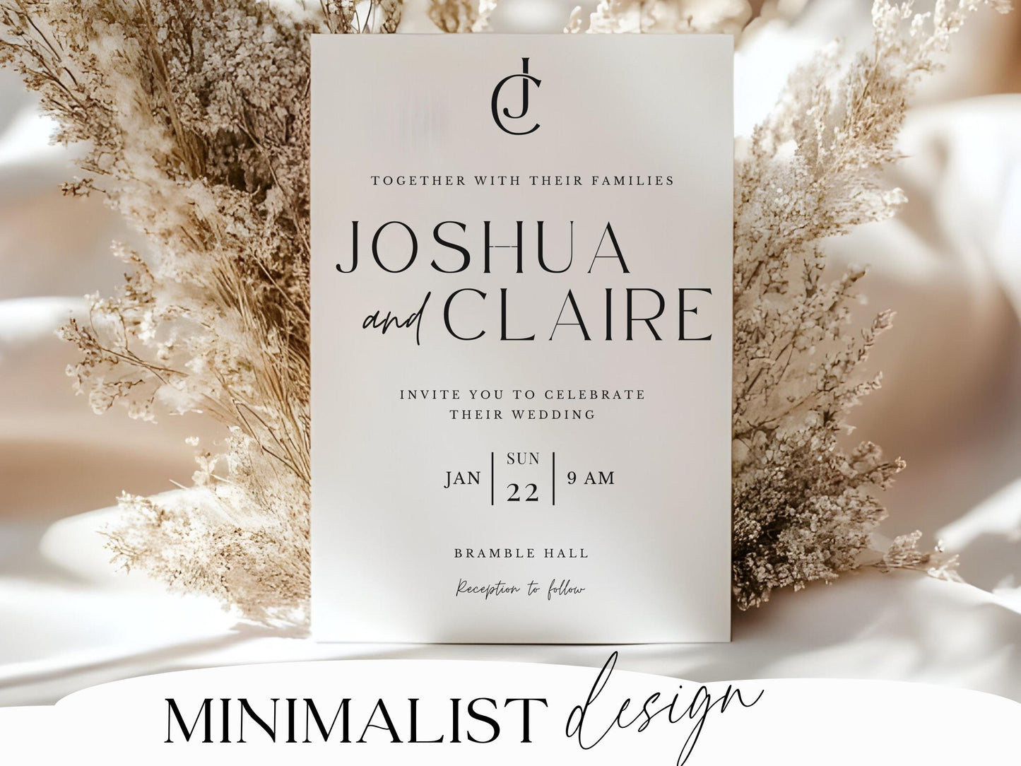 Minimalist wedding invitation template with QR code, printable collage invite boho chic rustic design customizable RSVP digital download