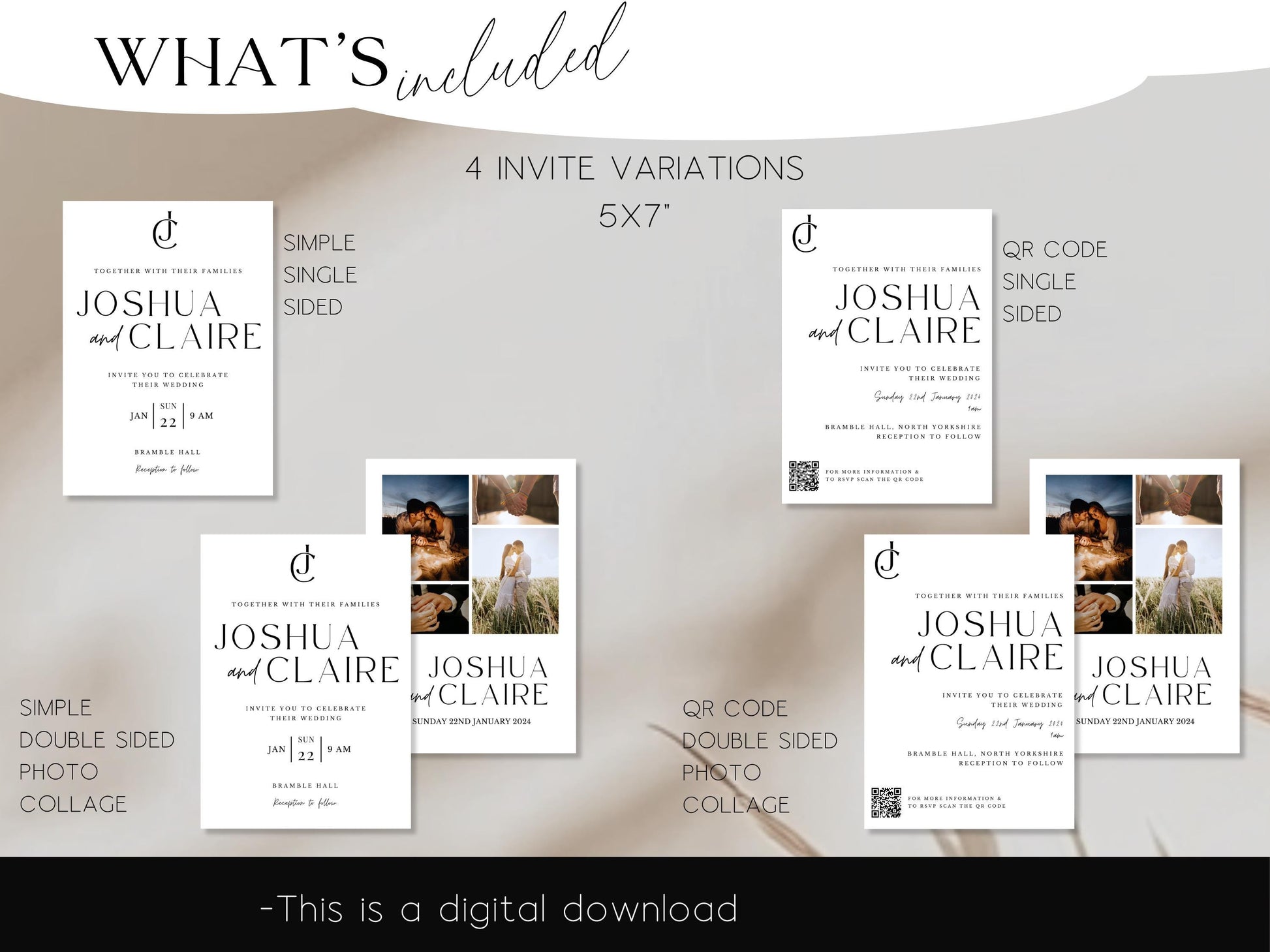Printable Wedding Invitation with QR Code Minimalist Invite Suite Minimal Simple Editable Template -Jennifer
