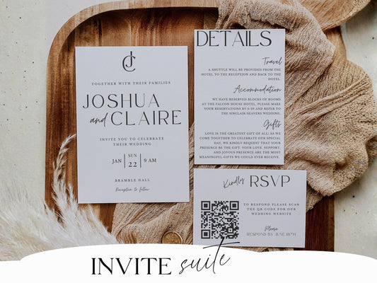 Printable Wedding Invitation with QR Code Minimalist Invite Suite Minimal Simple Editable Template -Jennifer