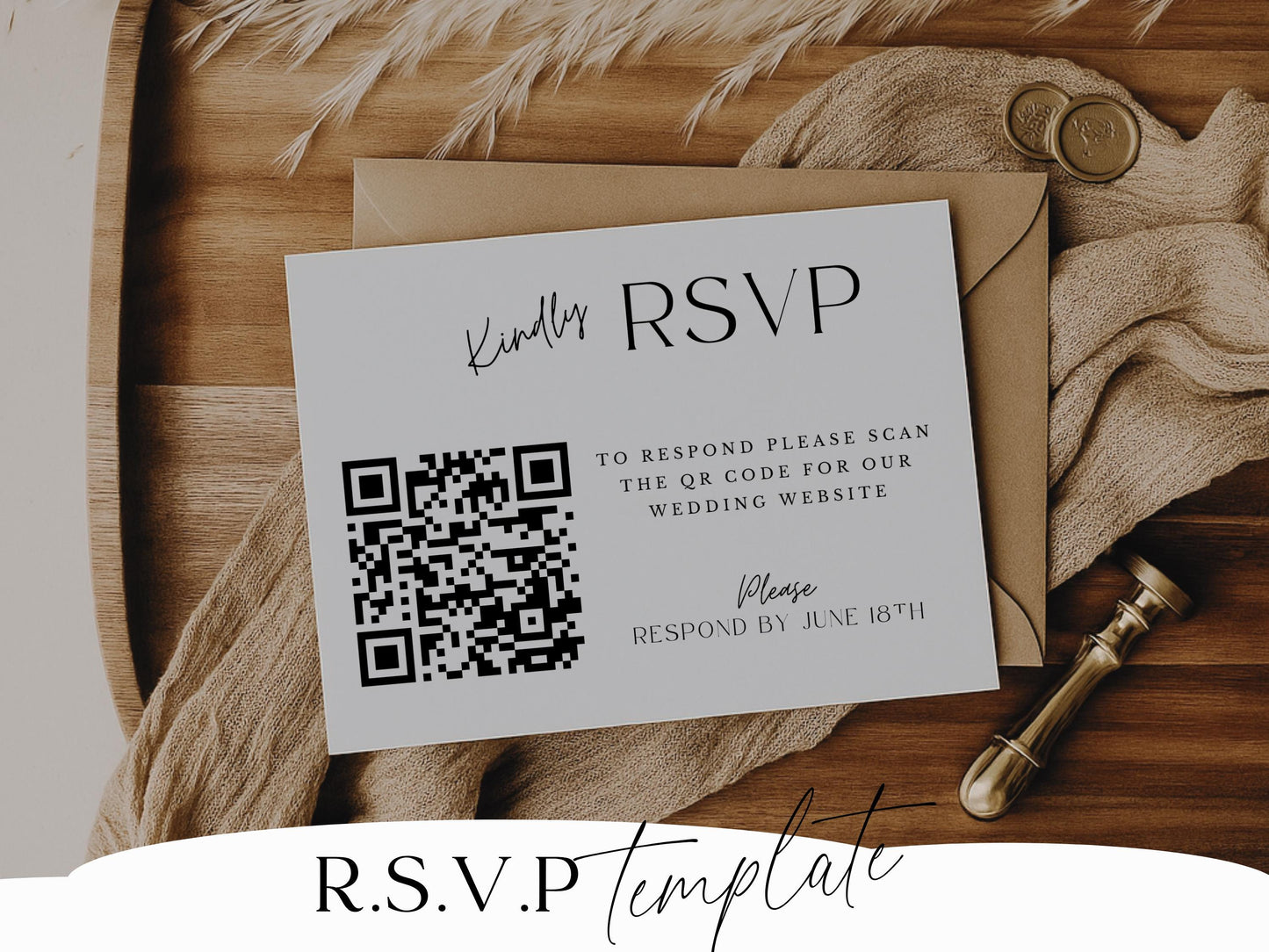 Printable Wedding Invitation with QR Code Minimalist Invite Suite Minimal Simple Editable Template -Jennifer