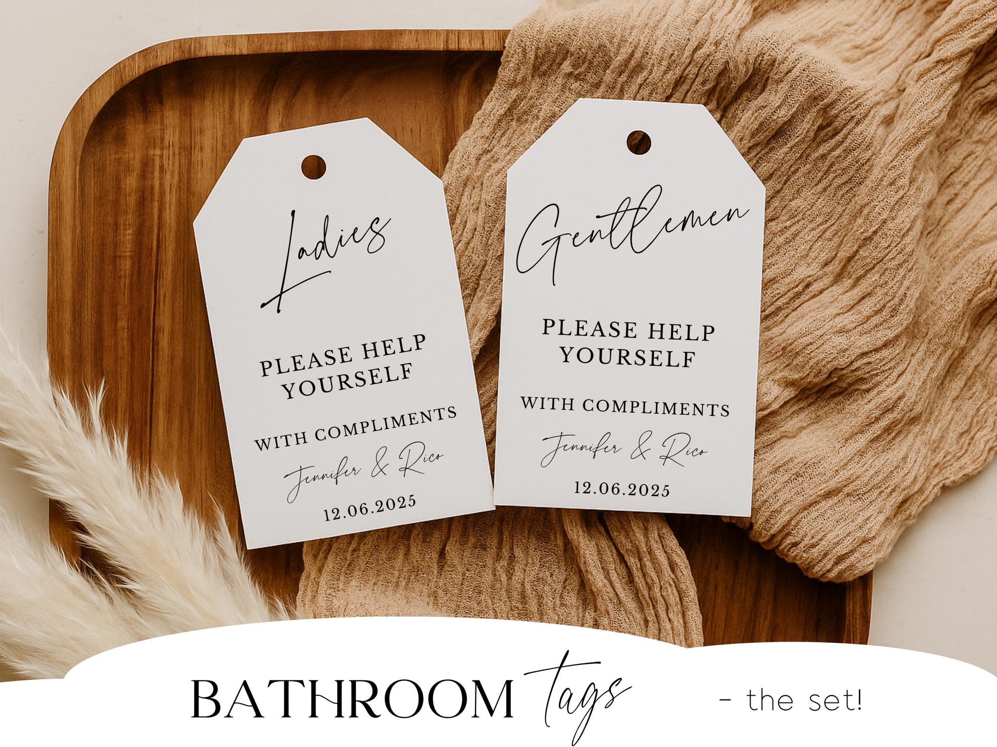 Minimalist Wedding Sign For Bathroom Basket Tag Complimentary Toiletries - Angelina