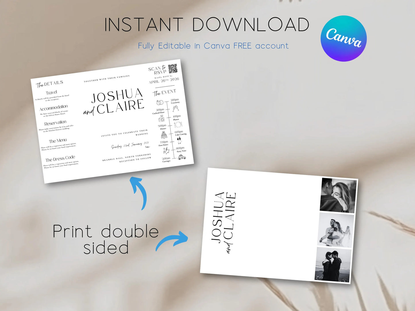 All-in-One Gatefold Wedding Invitation Template – Editable Folded Invite with RSVP (Canva)