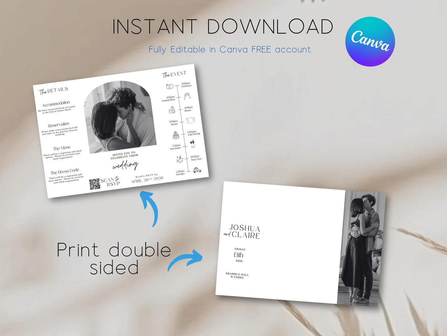 Gatefold Wedding Invitation Template – Editable Folded Wedding Invite (Canva)