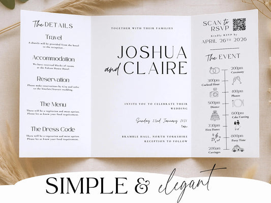 All-in-One Gatefold Wedding Invitation Template – Editable Folded Invite with RSVP (Canva)