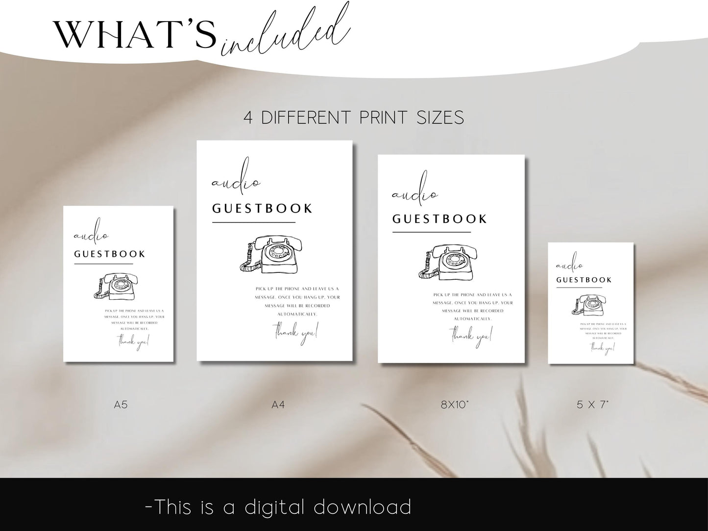 Four different print size options for a digital download guestbook design on a marble background.
