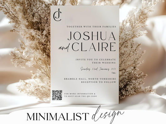 Minimalist wedding invitation template with QR code, printable collage invite boho chic rustic design customizable RSVP digital download