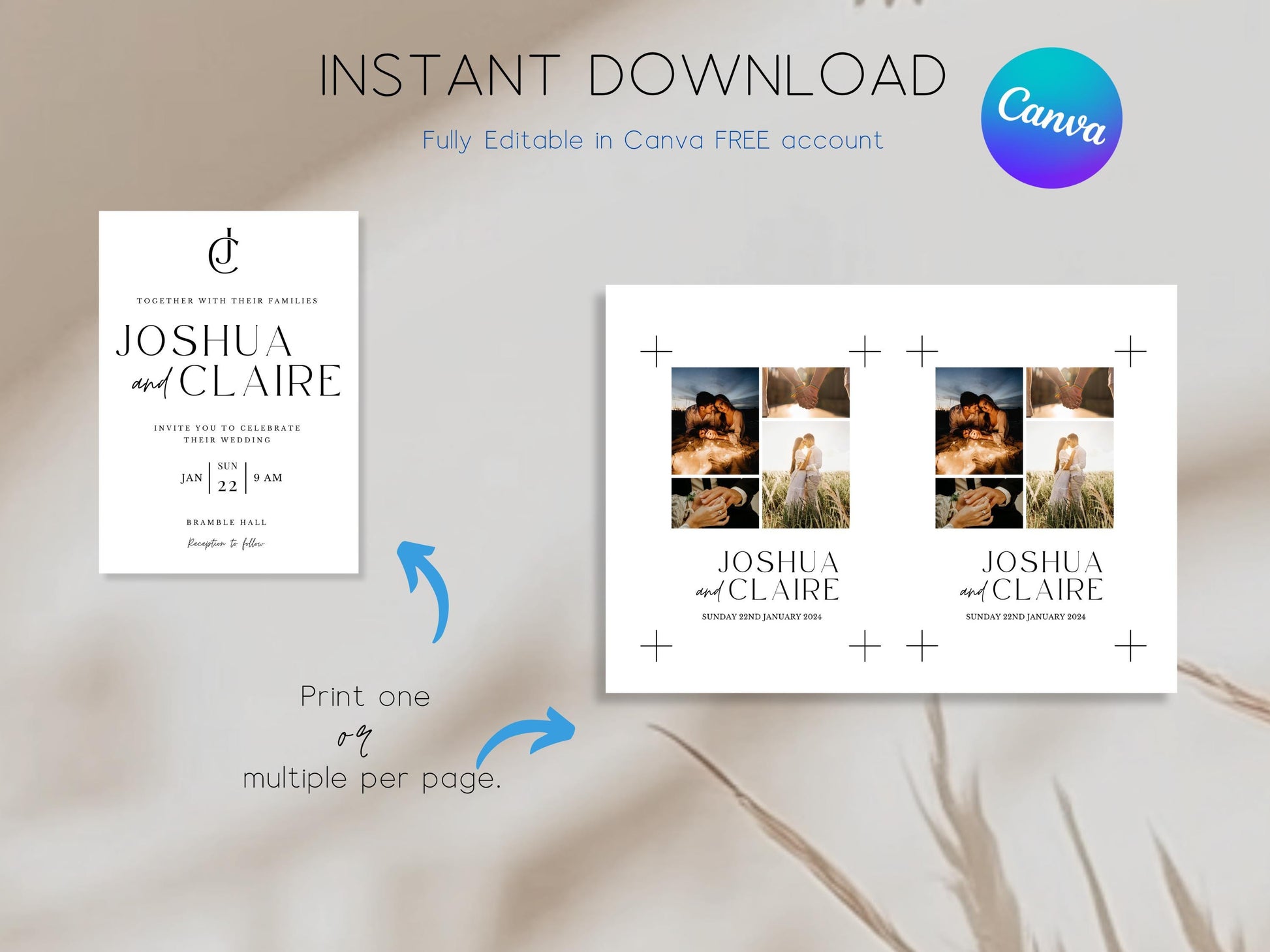 Minimalist wedding invitation template with QR code, printable collage invite boho chic rustic design customizable RSVP digital download