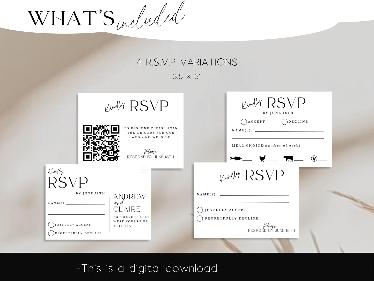 Printable Wedding Invitation with QR Code Minimalist Invite Suite Minimal Simple Editable Template -Jennifer