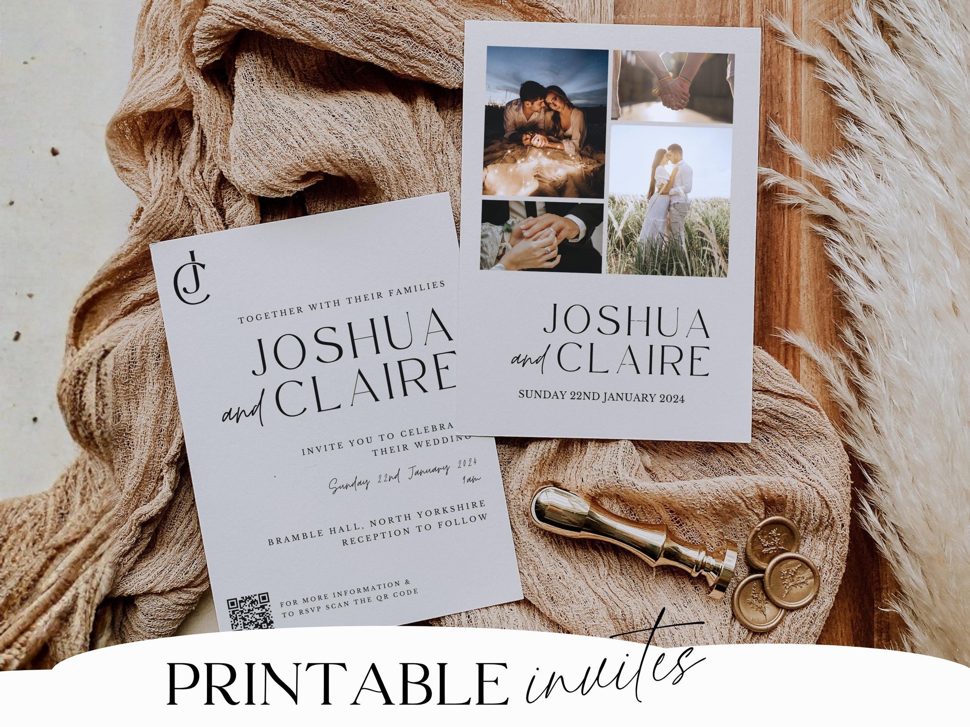 Printable Wedding Invitation with QR Code Minimalist Invite Suite Minimal Simple Editable Template -Jennifer